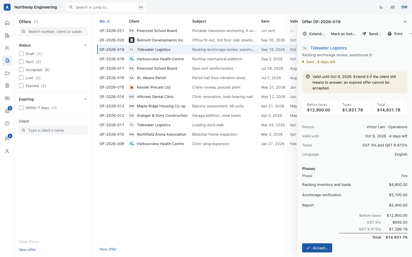 Étude d’interface d’une offre de services et de ses phases, avec données fictives.