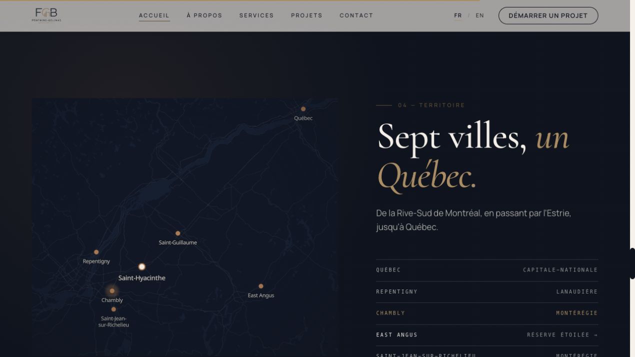 Carte interactive du territoire de FGB, avec une ville sélectionnée et le point correspondant mis en évidence.