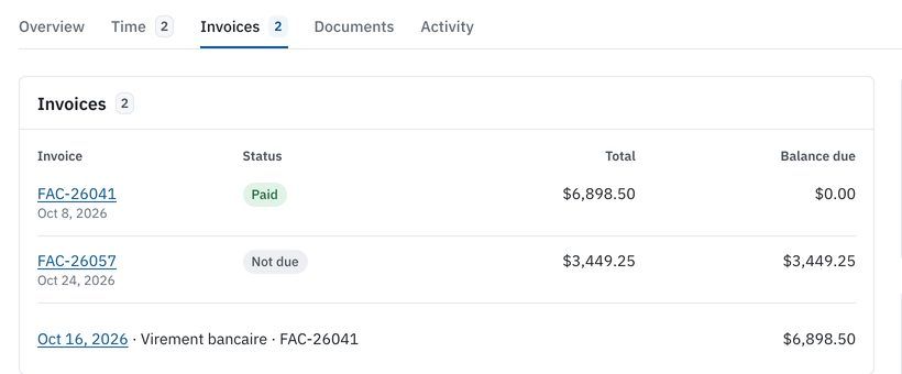Invoices of the fictional project: two invoices, their status and a payment received.