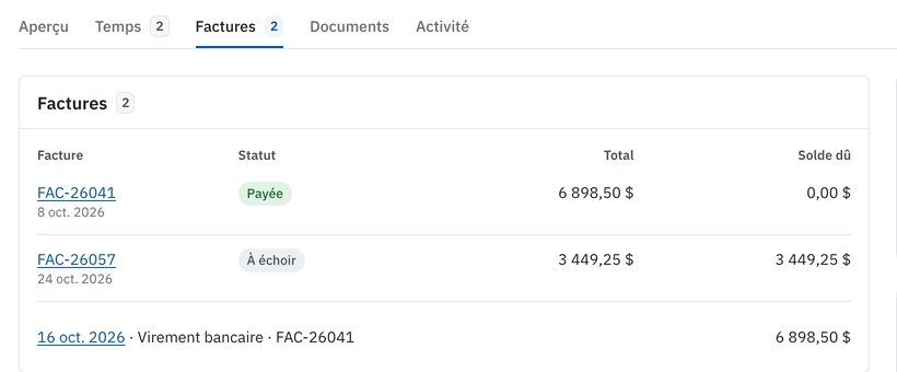 Factures du projet fictif : deux factures, leur statut et un paiement reçu.