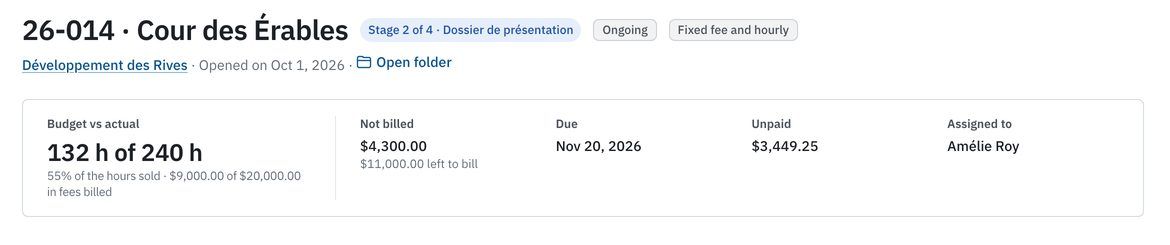 The fictional Cour des Érables project: client, status and amounts to bill.