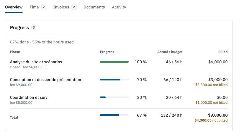 Phases of the fictional project: progress, fees, billed and unbilled amounts.