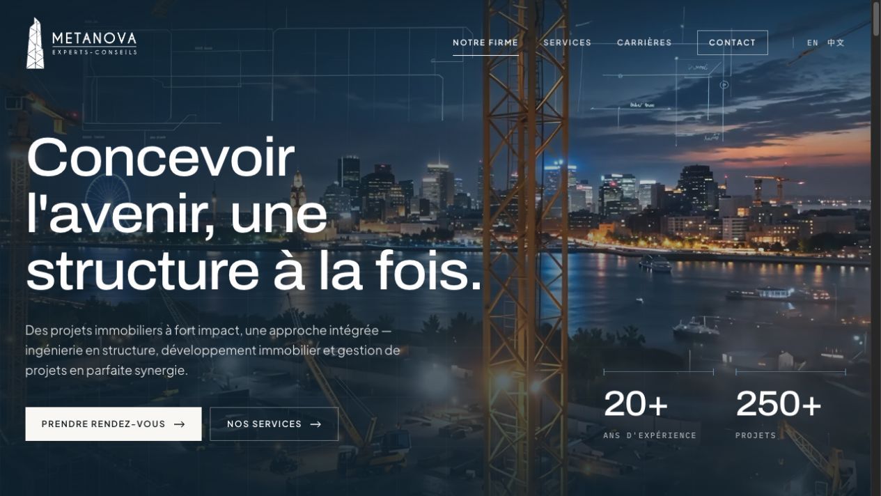 Site public de Metanova, avec une vue nocturne de Montréal et l’identité du cabinet.