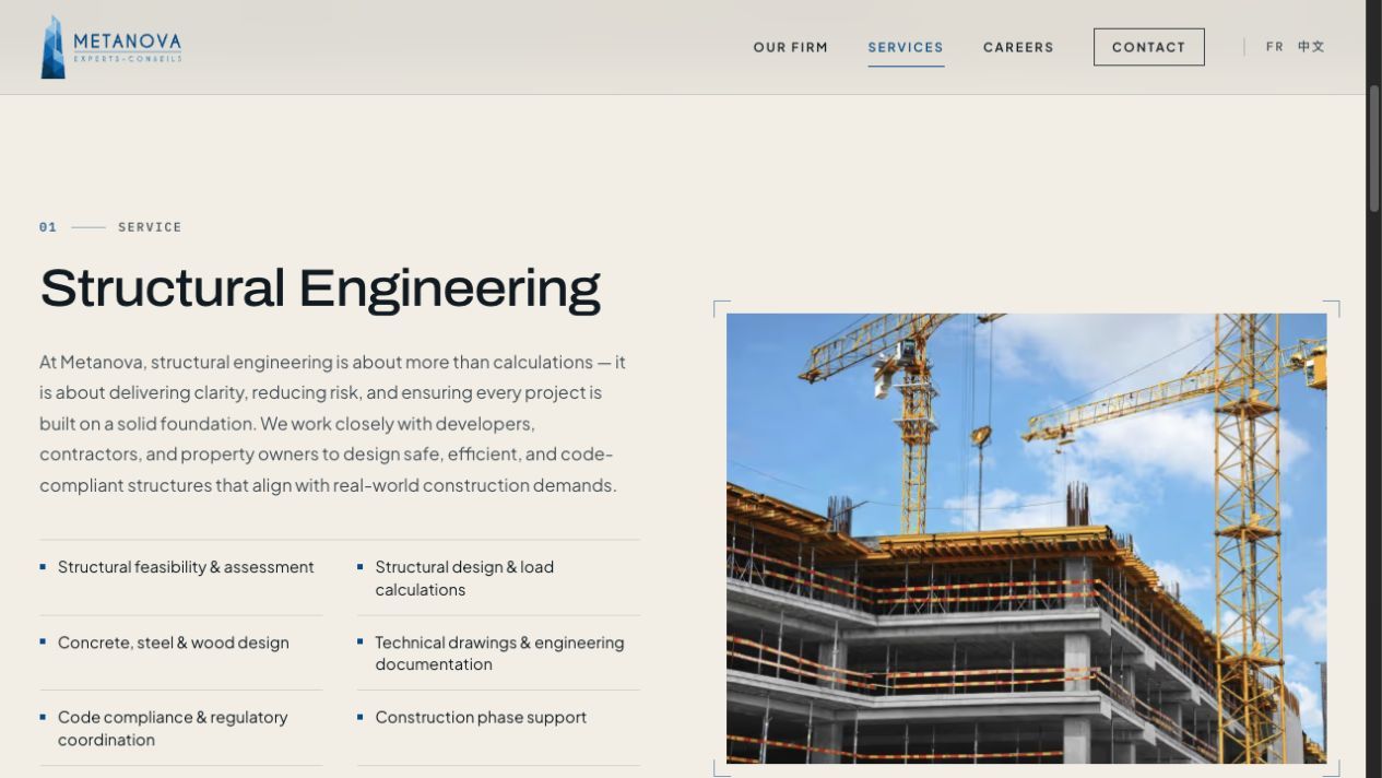 Page anglaise de présentation des services de structure du site public de Metanova.