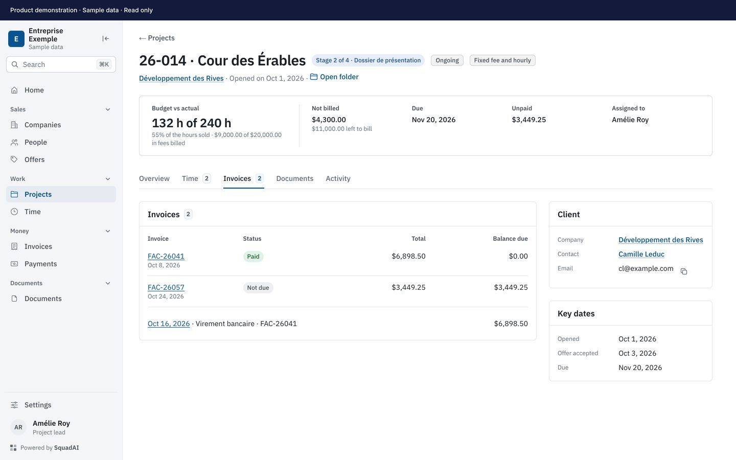 SquadAI interface showing a project’s invoices, with fictional data.