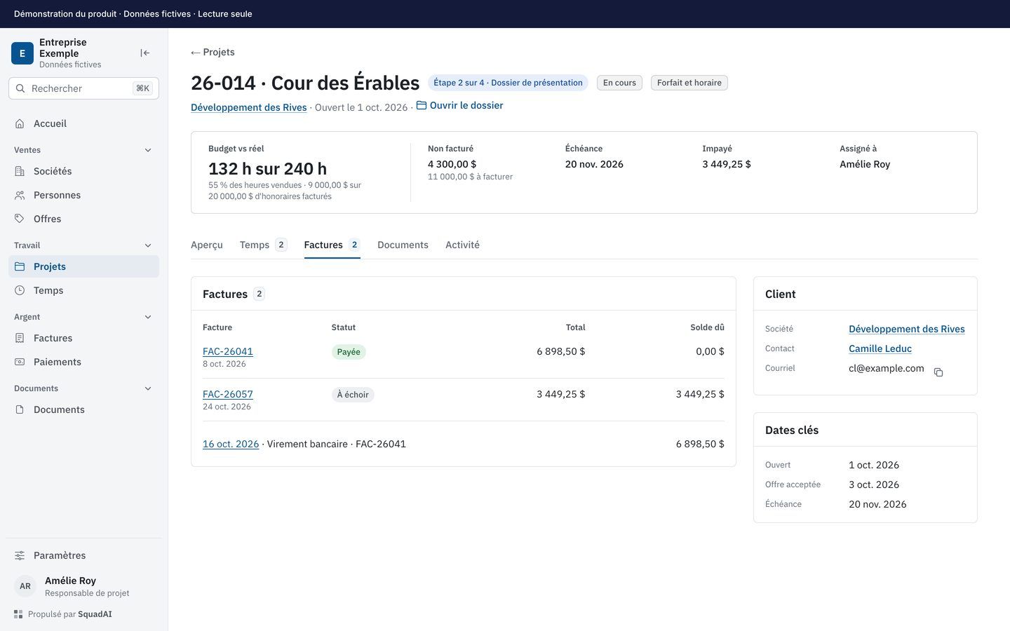 Interface de SquadAI présentant les factures d’un projet, avec des données fictives.