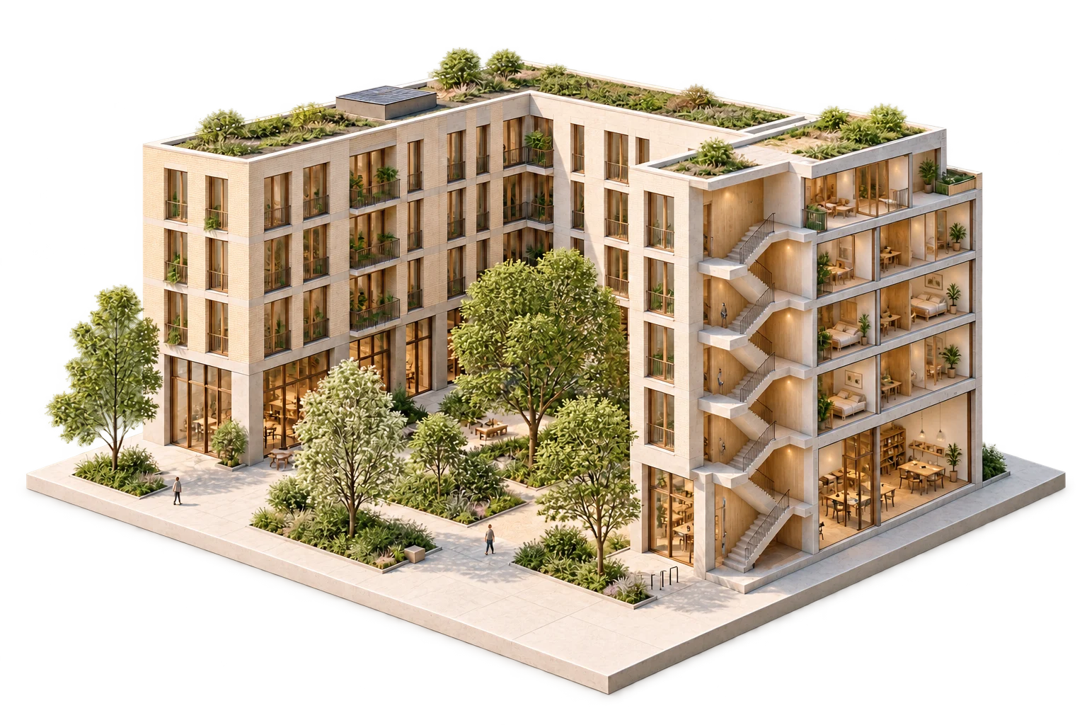 Section architecturale fictive d’un ensemble habité autour d’une cour plantée, avec des espaces intérieurs visibles.