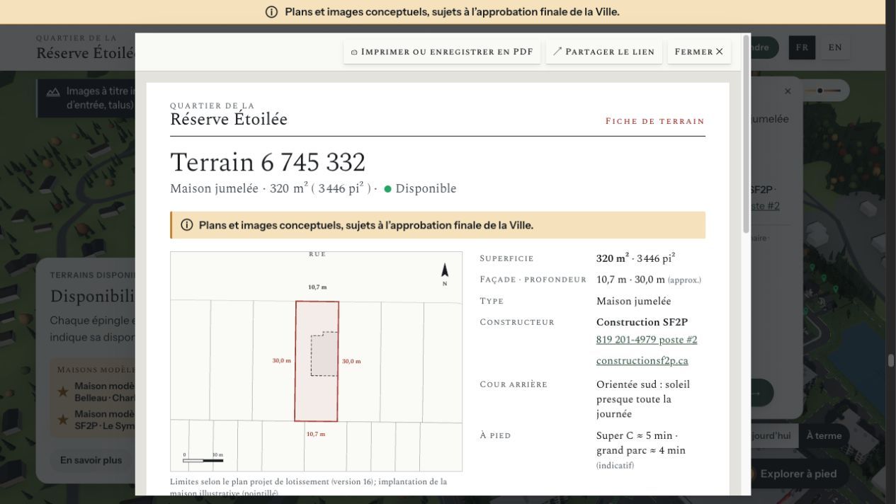 Fiche de terrain affichant le plan, les dimensions et les renseignements associés.