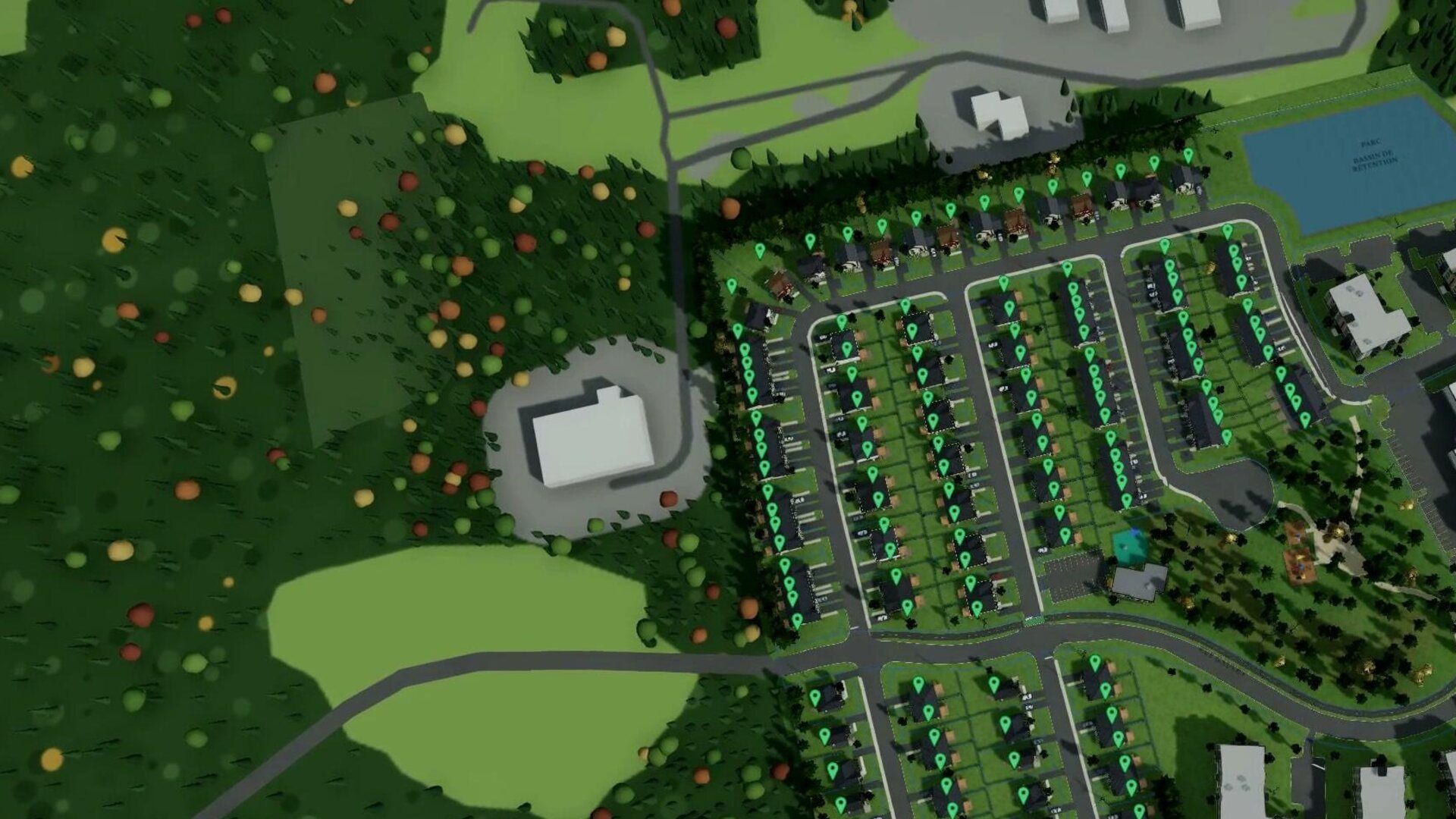 Vue aérienne conceptuelle du quartier de la Réserve Étoilée et de ses terrains.