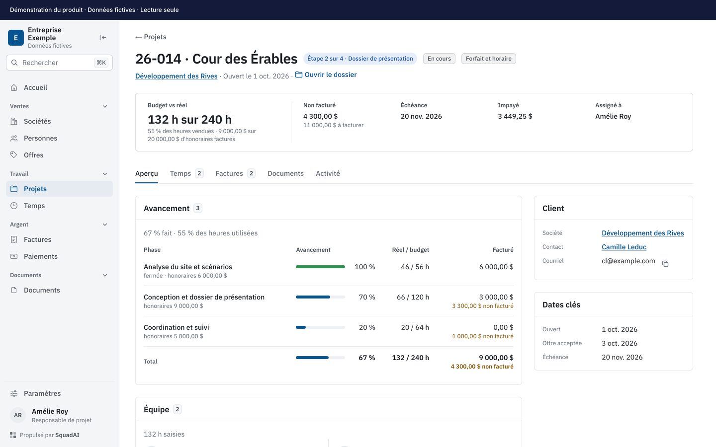 Interface de SquadAI présentant un projet et ses informations de gestion, avec des données fictives.